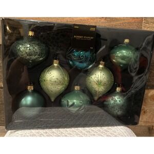 Robert Stanley Glass Christmas Baubles Set of 8 Green Gold Holiday